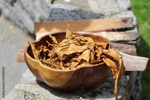 dried tobacco leaves in wooden bowl