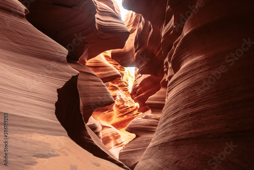 Startling wide angle view of rock formations in famous Antelope Canyon, Arizona, USA.