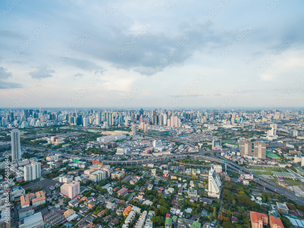 Obraz premium aerial panorama view with skyscrapers and blue sky in the day.