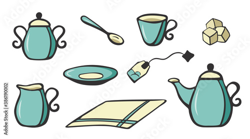 Cuadro en lienzo Tea set in hand-drawning style on white background