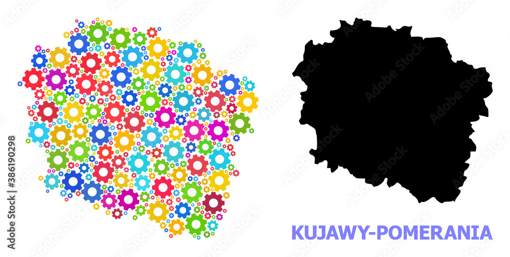 Vector composition map of Kujawy-Pomerania Province constructed for engineering. Mosaic map of Kujawy-Pomerania Province is composed of scattered bright gear wheels.