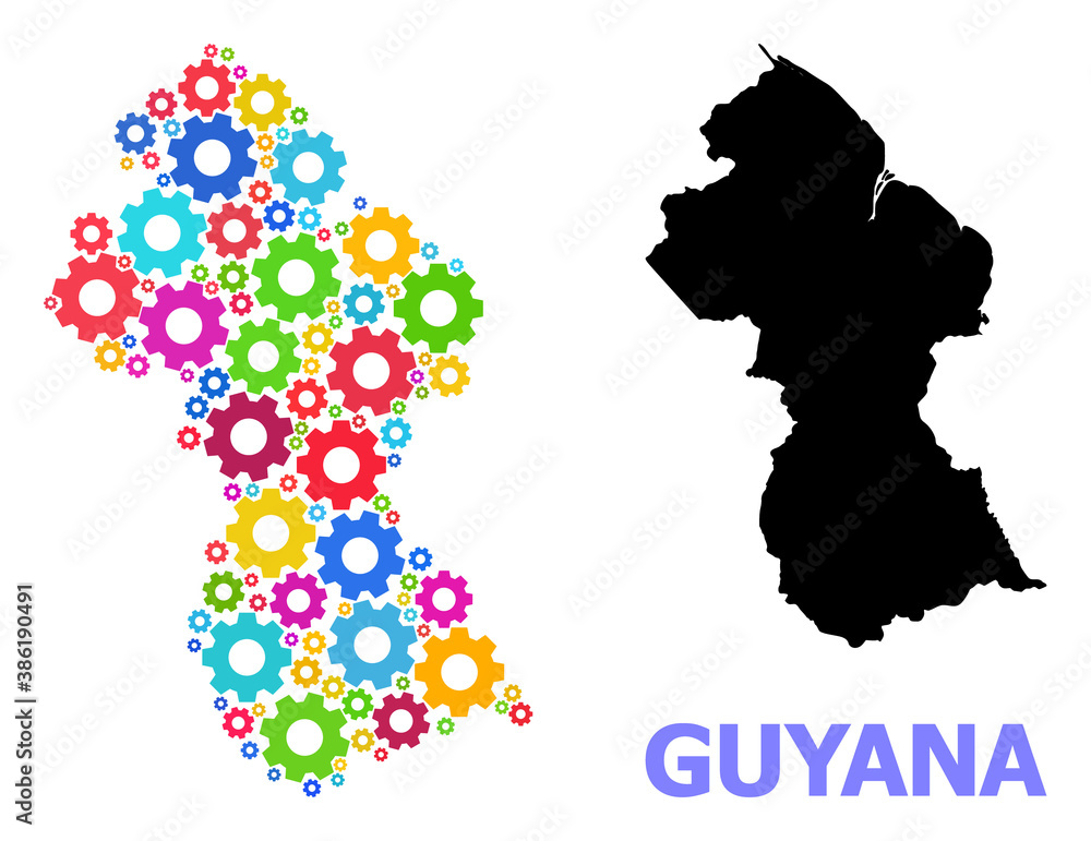 Vector mosaic map of Guyana created for engineering. Mosaic map of Guyana is formed of random bright cogs. Engineering items in bright colors.