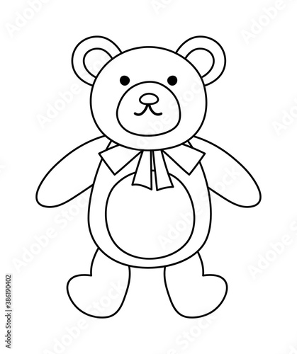  Vector black and white teddy bear isolated on white background. Cute toy animal illustration for kids. Funny smiling character line icon for children.