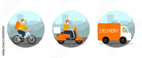 Online order tracking. Express delivery home and office. Courier driving bicycle, bike, car. Quarantine.