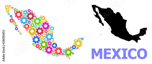 Vector mosaic map of Mexico constructed for engineering. Mosaic map of Mexico is created from randomized bright gear wheels. Engineering items in bright colors.