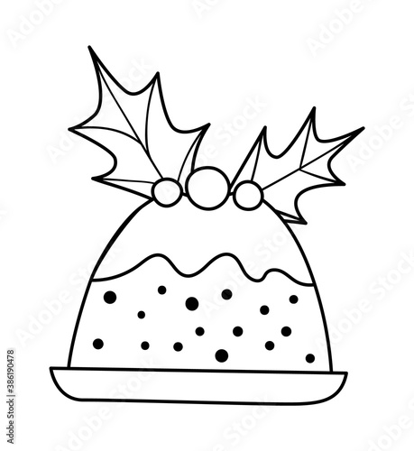 Vector black and white Christmas pudding with holy leaves and red berries isolated on white background. Cute funny illustration of new year pastry. Traditional winter dessert line icon.