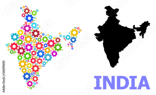 Vector mosaic map of India created for services. Mosaic map of India is constructed with randomized bright gears. Engineering items in bright colors.