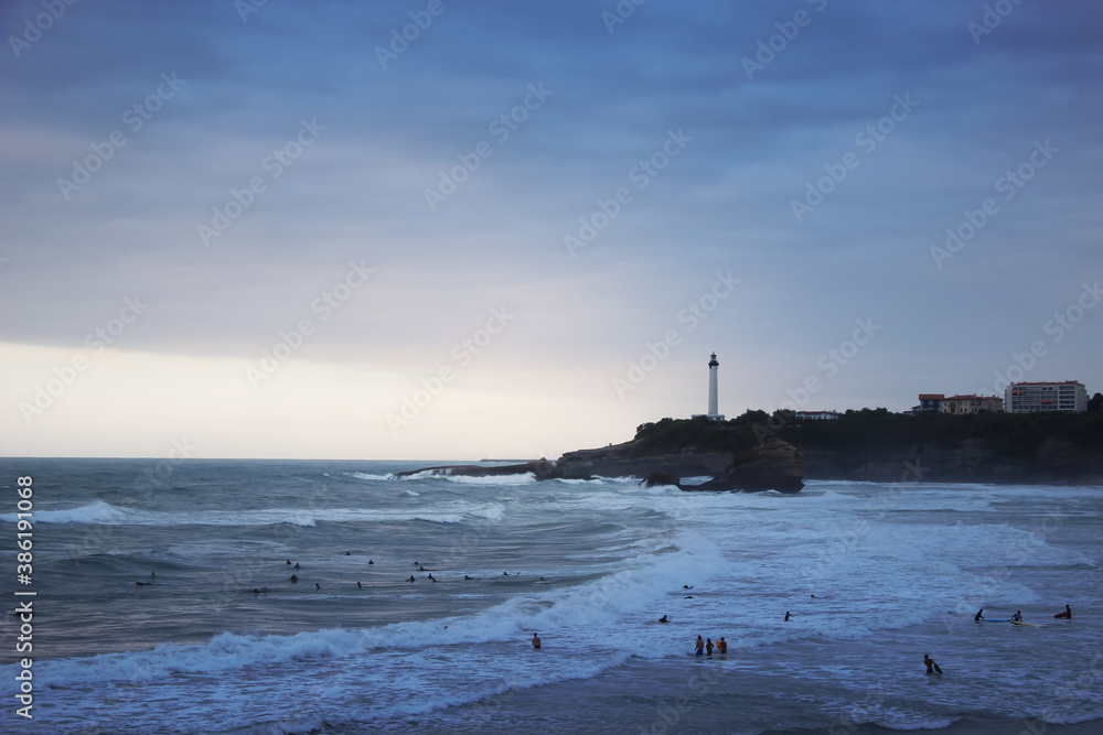Lighthouse at sunset in Biarritz.