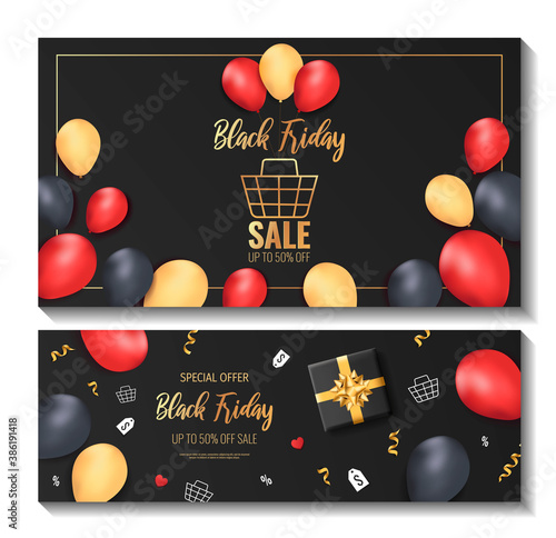 Set of promo sale flyers for Black friday. Shopping, Store, Gifts, Supermarket, Order online, Sale concept. Vector illustration for poster, banner, flyer, advertising, promo, commercial.