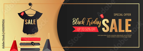 Promo sale flyer for Black friday. Shopping, Clothing store, Gifts, Supermarket, Order online, Sale concept. Vector illustration for poster, banner, flyer, advertising, promo, commercial.