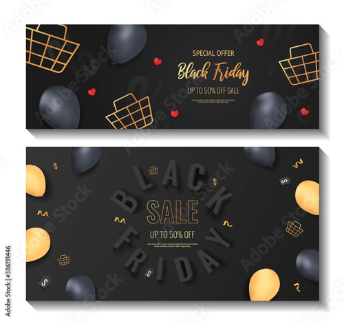 Set of promo sale banners for Black friday. Shopping, Store, Gifts, Supermarket, Order online, Sale concept. Vector illustration for poster, banner, flyer, advertising, promo, commercial.