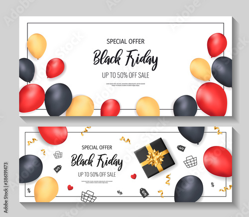 Set of promo sale flyers for Black friday. Shopping, Store, Gifts, Supermarket, Order online, Sale concept. Vector illustration for poster, banner, flyer, advertising, promo, commercial.