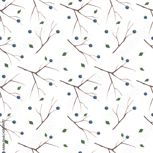 Hand-drawn seamless pattern in forest theme. Tree branches and blueberries