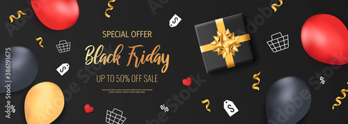 Promo sale flyer for Black friday. Shopping, Clothing store, Gifts, Supermarket, Order online, Sale concept. Vector illustration for poster, banner, flyer, advertising, promo, commercial.