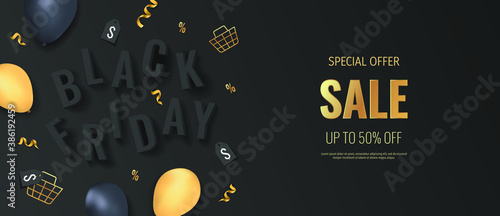 Promo sale flyer for Black friday. Shopping, Clothing store, Gifts, Supermarket, Order online, Sale concept. Vector illustration for poster, banner, flyer, advertising, promo, commercial.