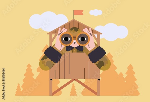 Military outpost with soldier. Man of arms standing on outpost in khaki uniform and looking in binoculars protecting border line. Military, army or 23 february greeting card, banner, poster.