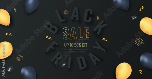 Promo sale flyer for Black friday. Shopping, Clothing store, Gifts, Supermarket, Order online, Sale concept. Vector illustration for poster, banner, flyer, advertising, promo, commercial.