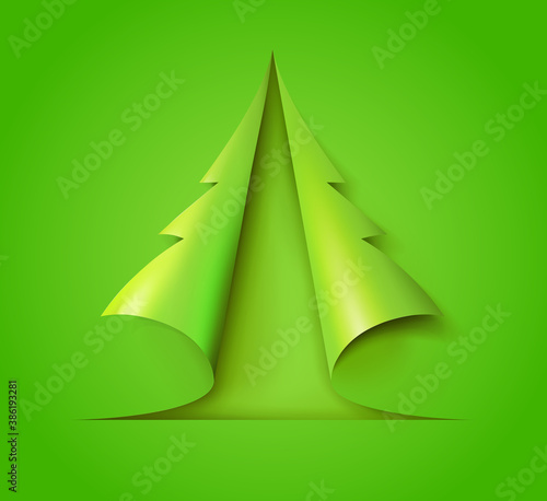 Christmas tree cut out of green paper. Design for holiday cards. Modern abstract xmas. Glossy element vector illustration.