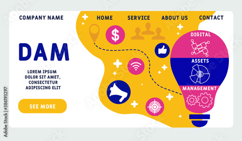 Vector website design template . DAM - Digital Assets Management acronym, business concept. illustration for website banner, marketing materials, business presentation, online advertising.