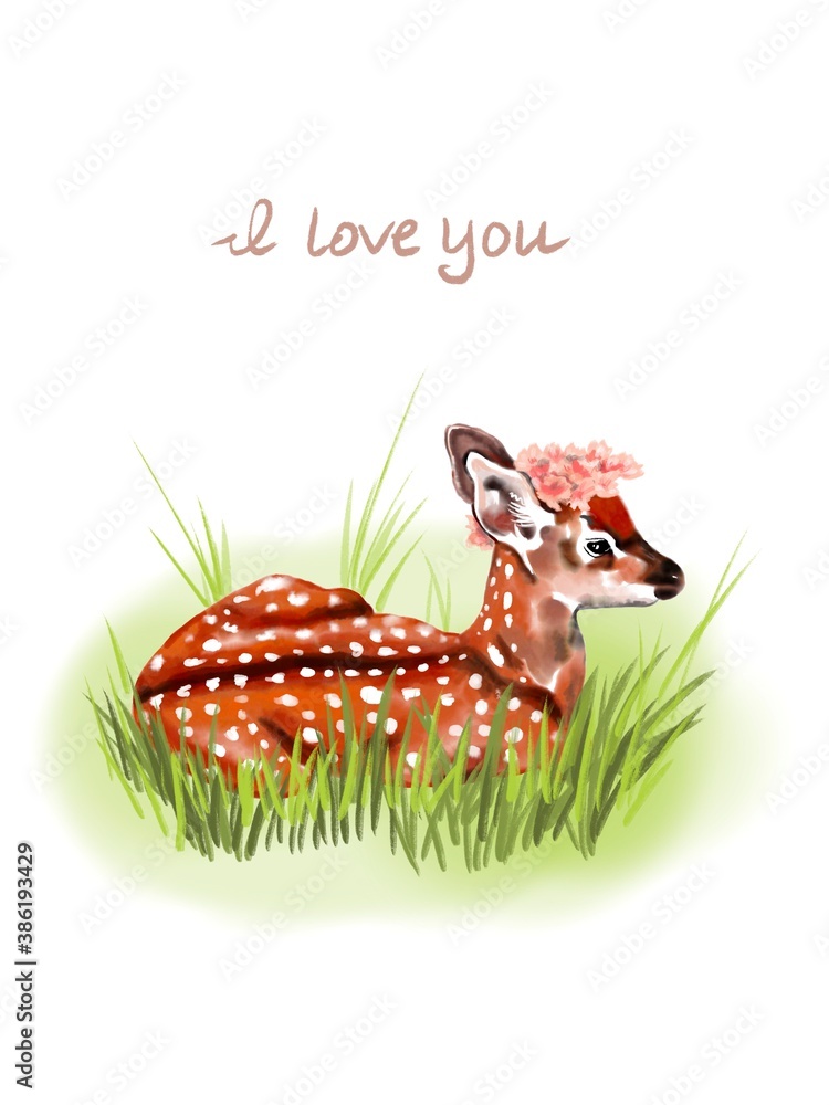 Obraz premium I love you spring/summer postcard. On a white background: little baby deer laying on a green grass, decorated w/ pink flowers. Isolated Bembi watercolor.