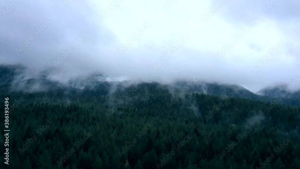 Mystic fog clouds at the mountain valley forest. Europe, mysterious morning alpine landscape Mystic fog clouds at the mountain valley forest. Europe, mysterious morning alpine landscape