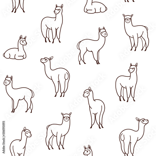 Fototapeta Naklejka Na Ścianę i Meble -  Cartoon happy alpaca - seamless trendy pattern with animal in various poses. Contour vector illustration for prints, clothing, packaging and postcards.