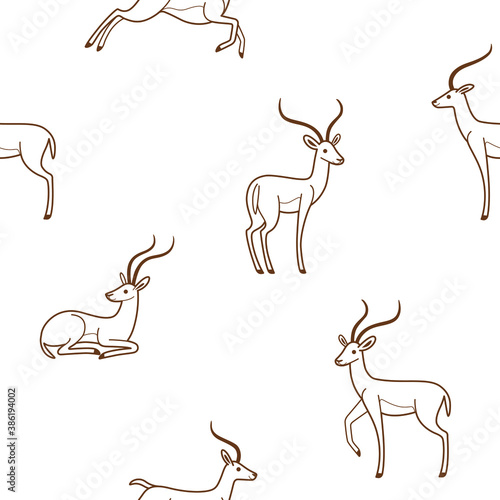 Cartoon happy antelope - seamless trendy pattern with animal in various poses. Contour vector illustration for prints, clothing, packaging and postcards.