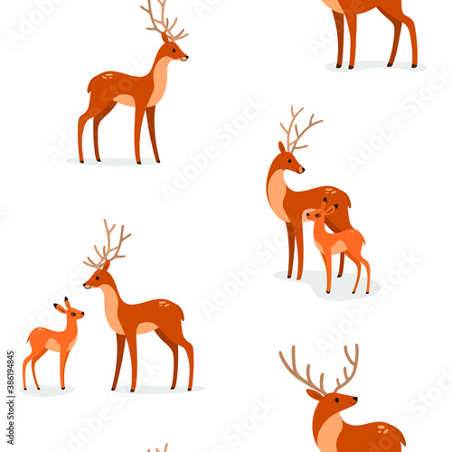 Simple seamless trendy animal pattern with fawn and deer. Cartoon vector illustration.