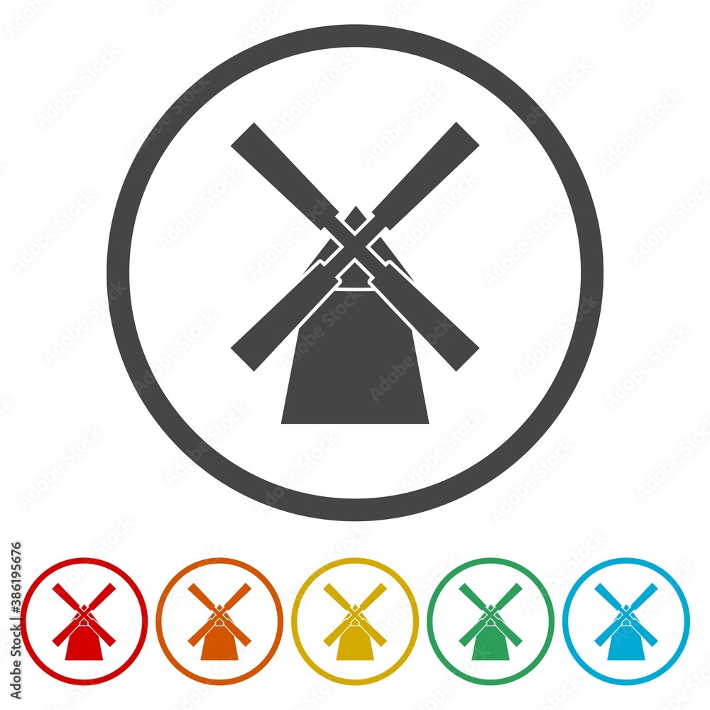 Old windmill ring icon, color set Old windmill ring icon, color set
