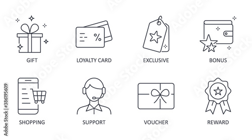 Vector loyalty program icons. Editable stroke symbols. Gift, loyalty card vip exclusive support. Discount shopping stars voucher reward bonus photo