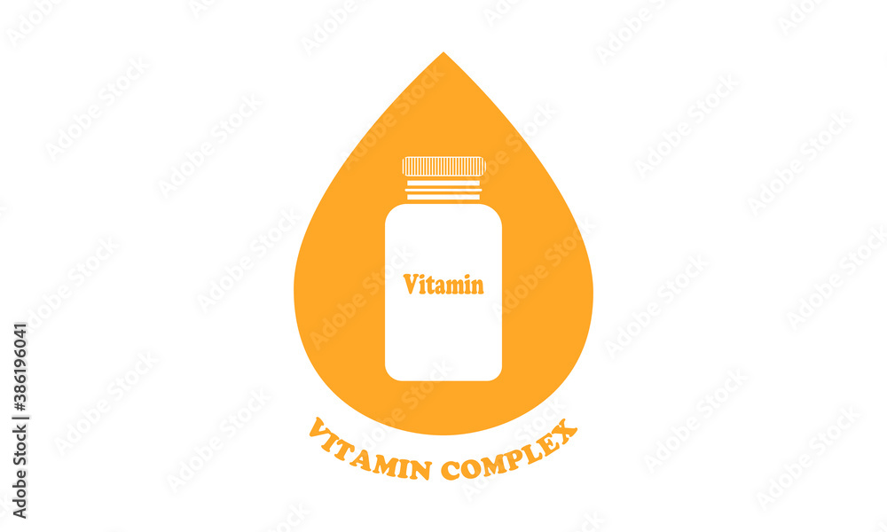 Bottle for tablets, vitamins. Medical emblem. Vitamin complex. Health care. Flat style. Bottle for tablets, vitamins. Medical emblem. Vitamin complex. Health care. Flat style.
