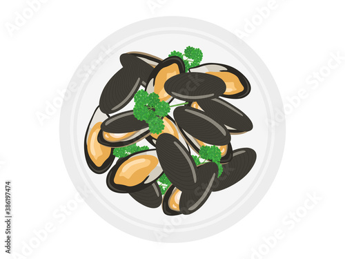 皿にもられたムール貝のイラスト