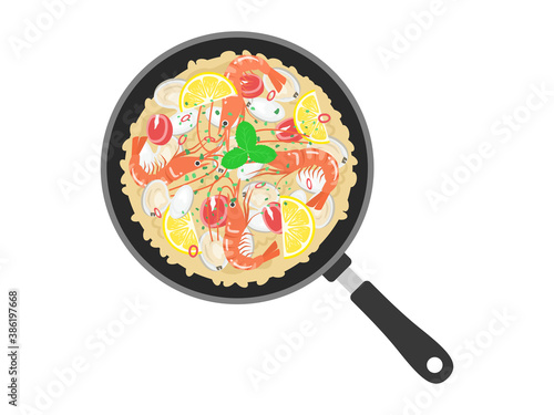 フライパンでパエリアを調理するイラスト