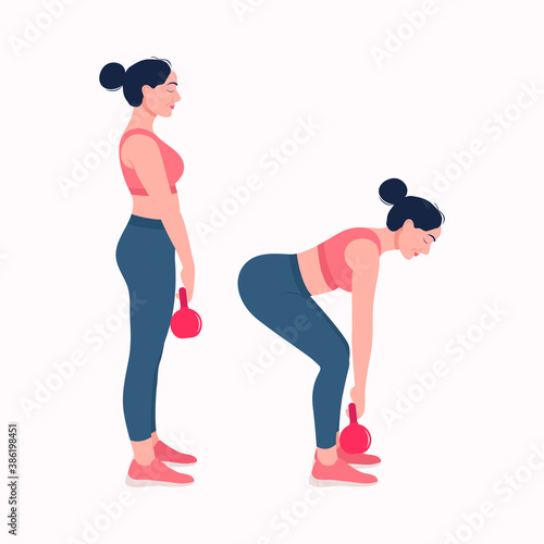 kettlebell workout  Workout. women exercise vector set. Women doing fitness and yoga exercises with kettlebell workout