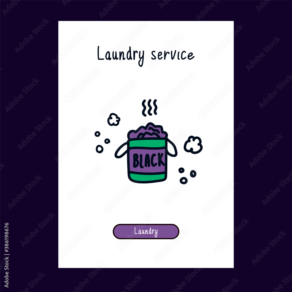 A drawn icon for a Laundry service in color for the web. Cartoon hand-drawn icons in the style of Doodle for Laundry service. The template for the web: washing machine, clothes, cleaning products