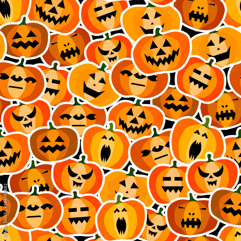 Seamless halloween scary orange pumpkins pattern. Funny, creepy, smiling face on black backgrounds. Autumn characters stickers. Happy Halloween festive symbol. Spooky vector flat style illustration