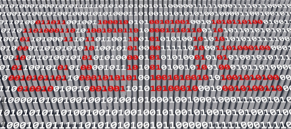 CODE - lettering in red shown as part of a abstract graphic binary code background built of white digits - 3D illustration