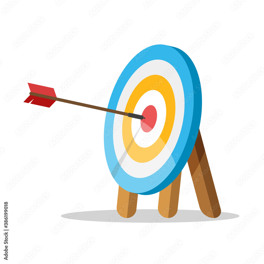 Target with an arrow hit the center. Business challenge and goal achievement concept. Vector illustration isolated on white background. Target with an arrow hit the center. Business challenge and goal achievement concept. Vector illustration isolated on white background.