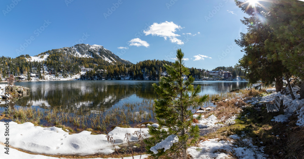 panoramic view mountain lake named turracher see on the border between the ferderal states styria and carinthia in austria