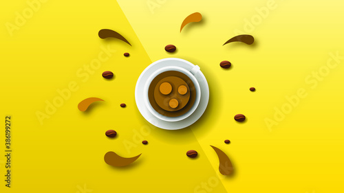 Abstract Paper Cut Ilustration Water Splash Drops Color Coffee Cup Background Vector Design Style