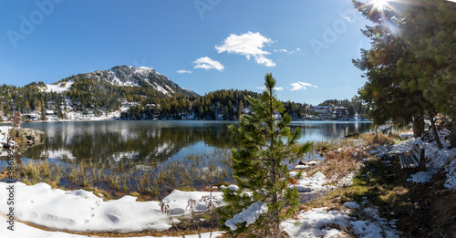 panoramic view mountain lake named turracher see on the border between the ferderal states styria and carinthia in austria