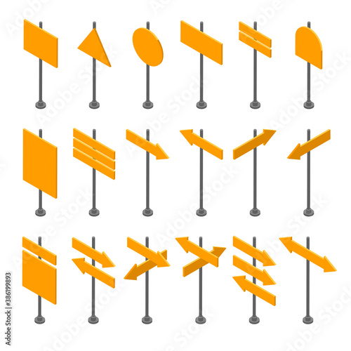 Isometric set of wooden signboards. Empty arrows and planks. Different directions isolated on white background. Flat vector illustration for space for text.