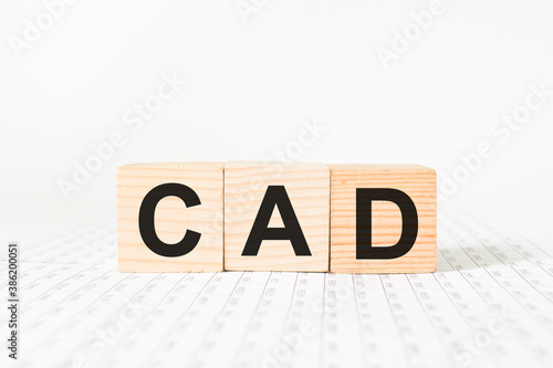 word CAD on wooden blocks, white background, business concept. business and Finance