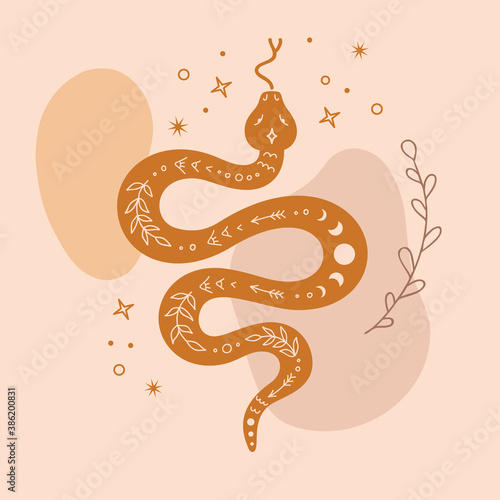 Boho snake on abstract background. Sacred mystic serpent. Pastel colors art print. Modern esoteric magic illustration.