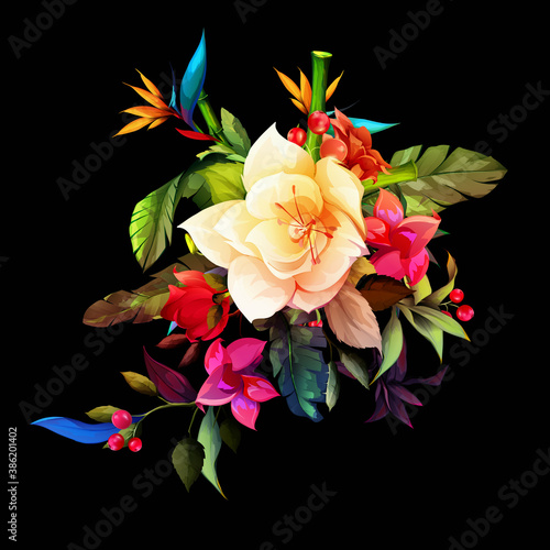 Retro bouquet. Illustration of tropical elements with bright flowers. For fabric, textile and other prints. Abstract style. Hand drawn. Vector - stock.