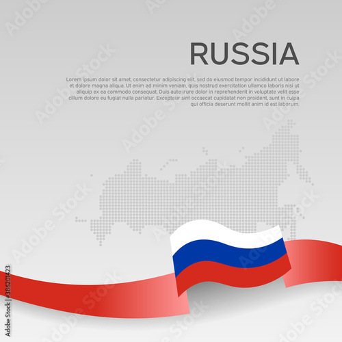 Russia wavy flag and mosaic map on white background. Wavy ribbon in the color of the russian flag. National poster. State russian patriotic cover, flyer. Business booklet. Vector tricolor design
