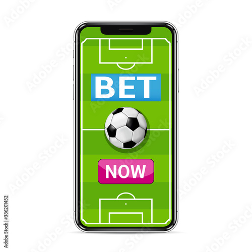 Bet now. Smart phone with football field for betting online concept