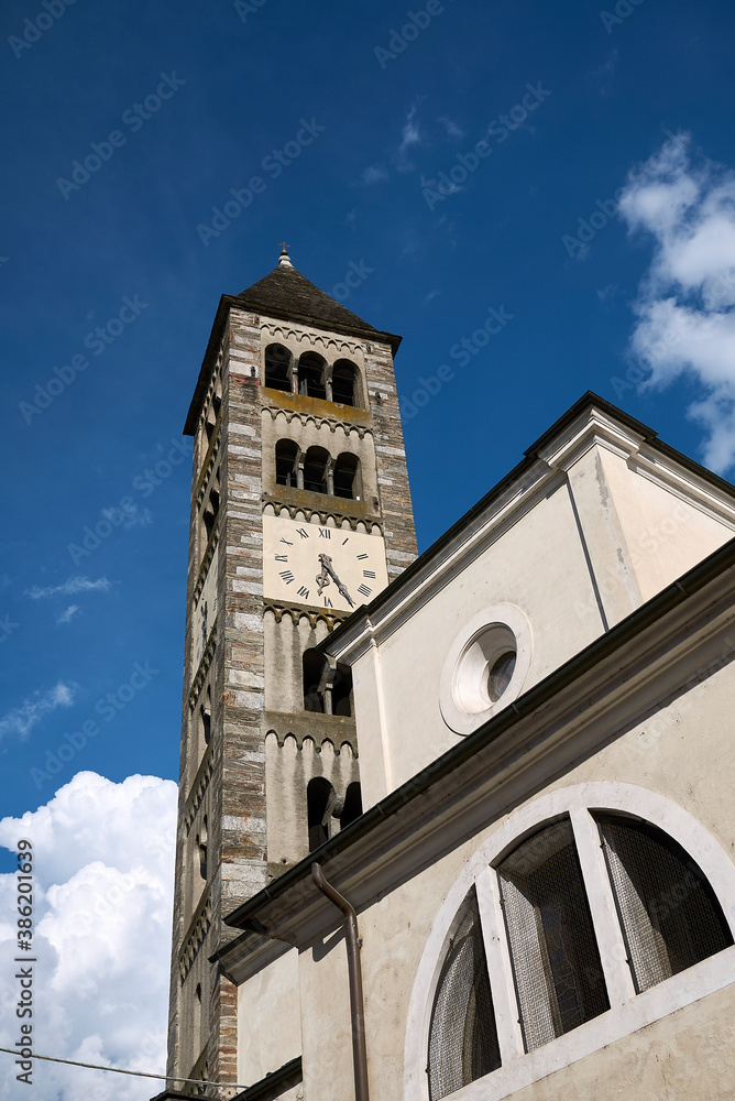 Tirano, Italy - July 20, 2020: View of San Martino church bell tower