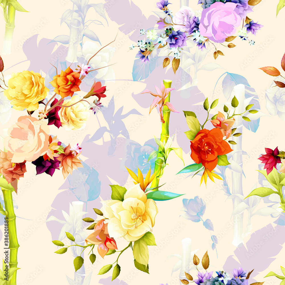 Seamless background pattern with abstract flowers, bamboo and tropical leaves colored pastel. Hand drawn illustration. vector - stock.