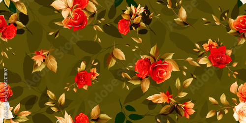 Wide seamless floral background pattern. Roses bran  hes with magnolia and leaves on dark green. Abstract pattern for textile  fabric and other prints purpose. Hand drawn vector - stock.